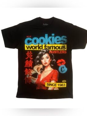 Sz Large World Famous Hustlers Graphic Tee - Black with Blue & Red Print cookie